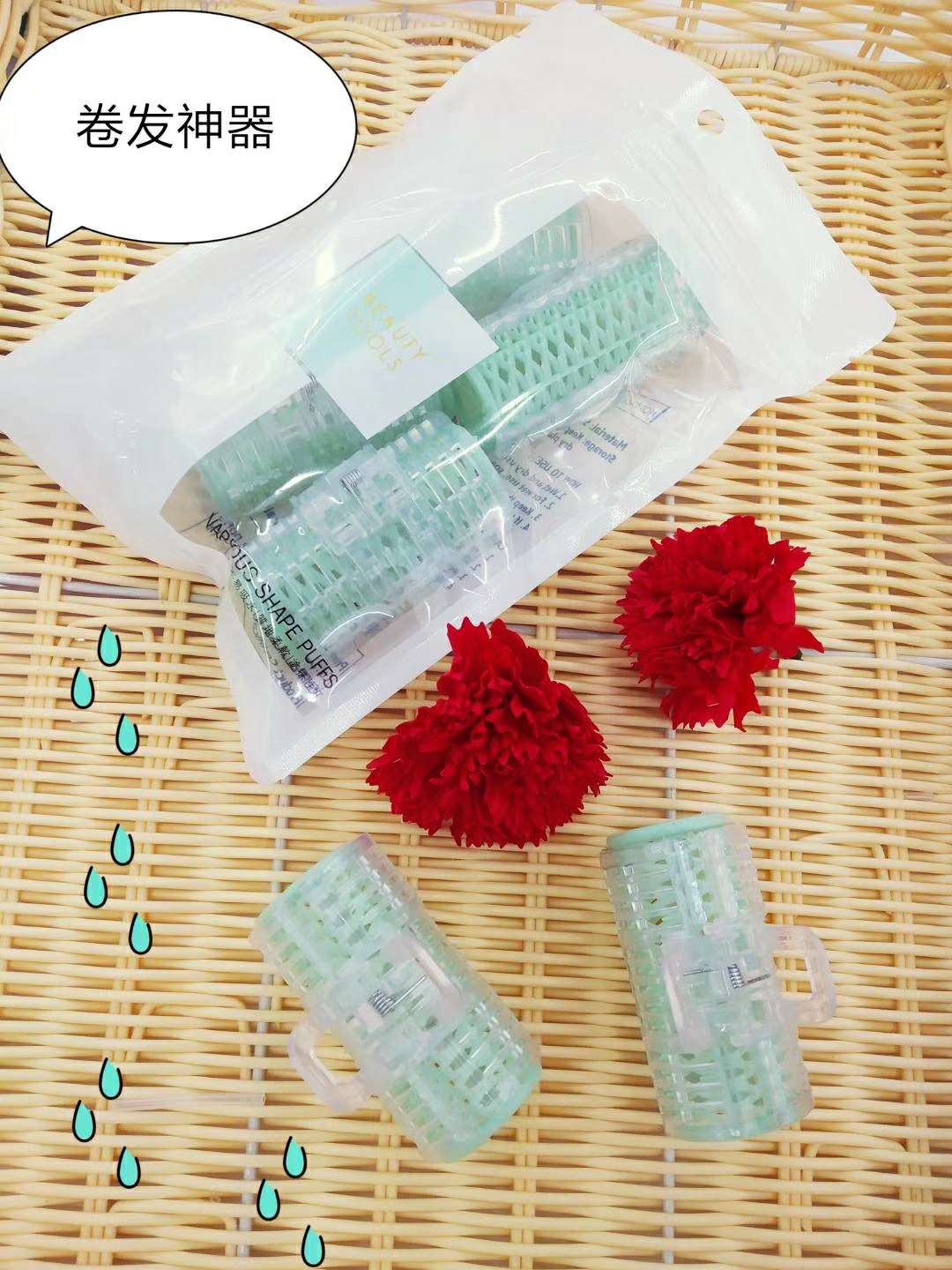 Six hair curls, plastic hair clips, hair curls, air bangs, and curling irons details Picture