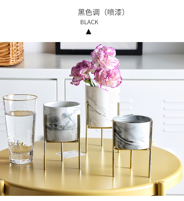 镀金铁艺多肉花盆 北欧简约铁架花瓶大理石陶瓷水培花盆绿植详情图6