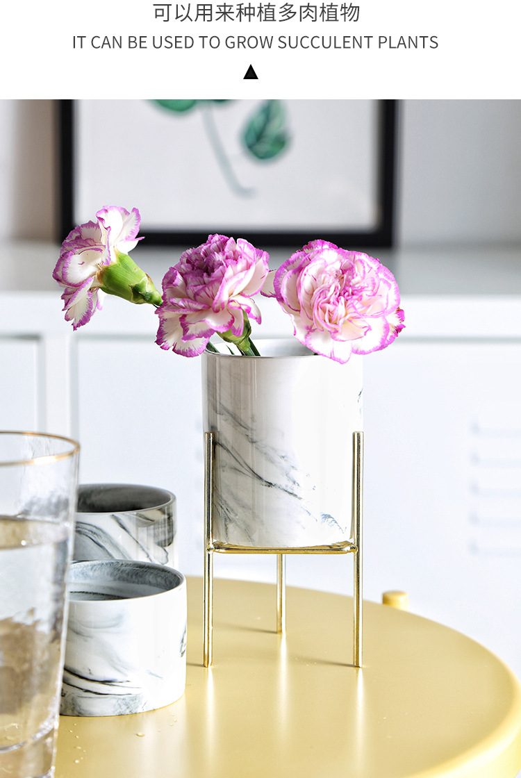 镀金铁艺多肉花盆 北欧简约铁架花瓶大理石陶瓷水培花盆绿植白底实物图