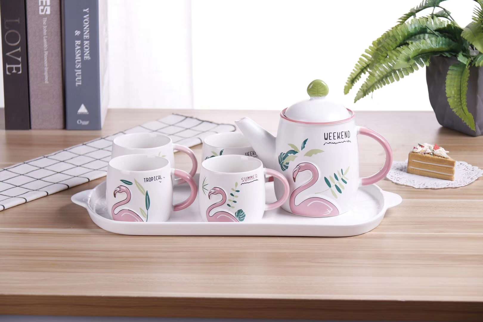 HY-908-3-Phynchi-908-3 علب ماء باردة من طائر الفلامنغو، مع أربعة أطباق من 4 أكواب من أواني الخزفية الخزفية البالغة 260ml من غلاية صينية