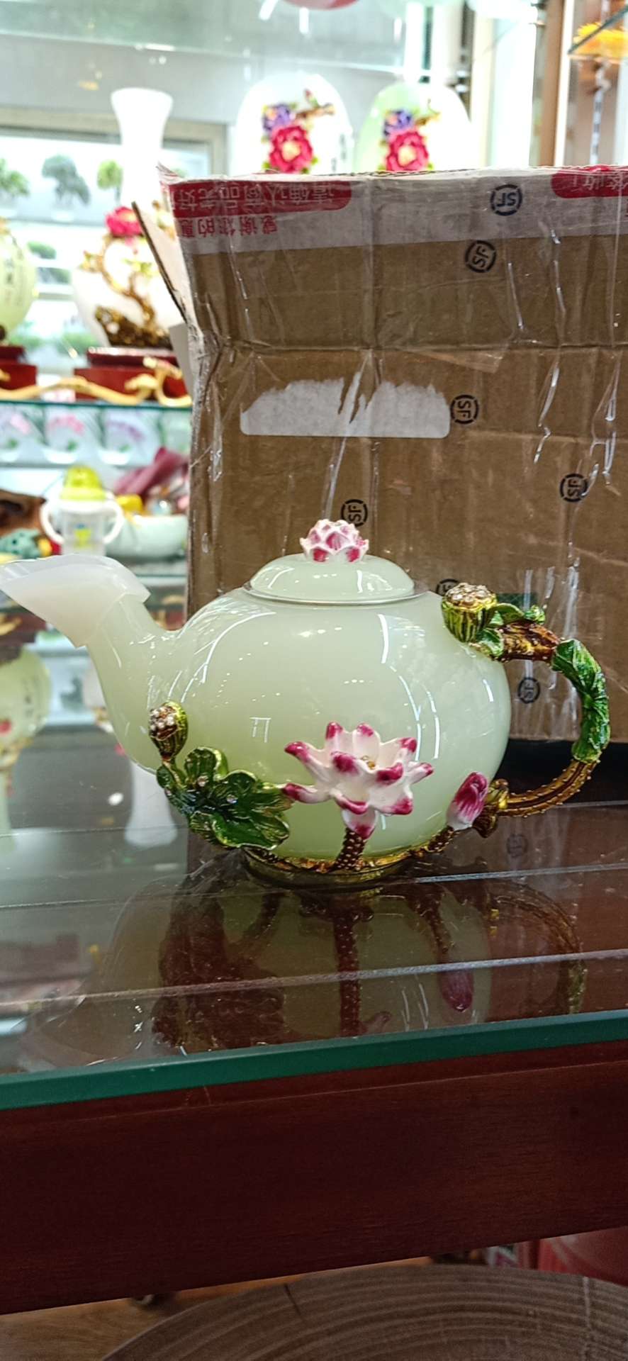 Lotus, glazed jade and enamel