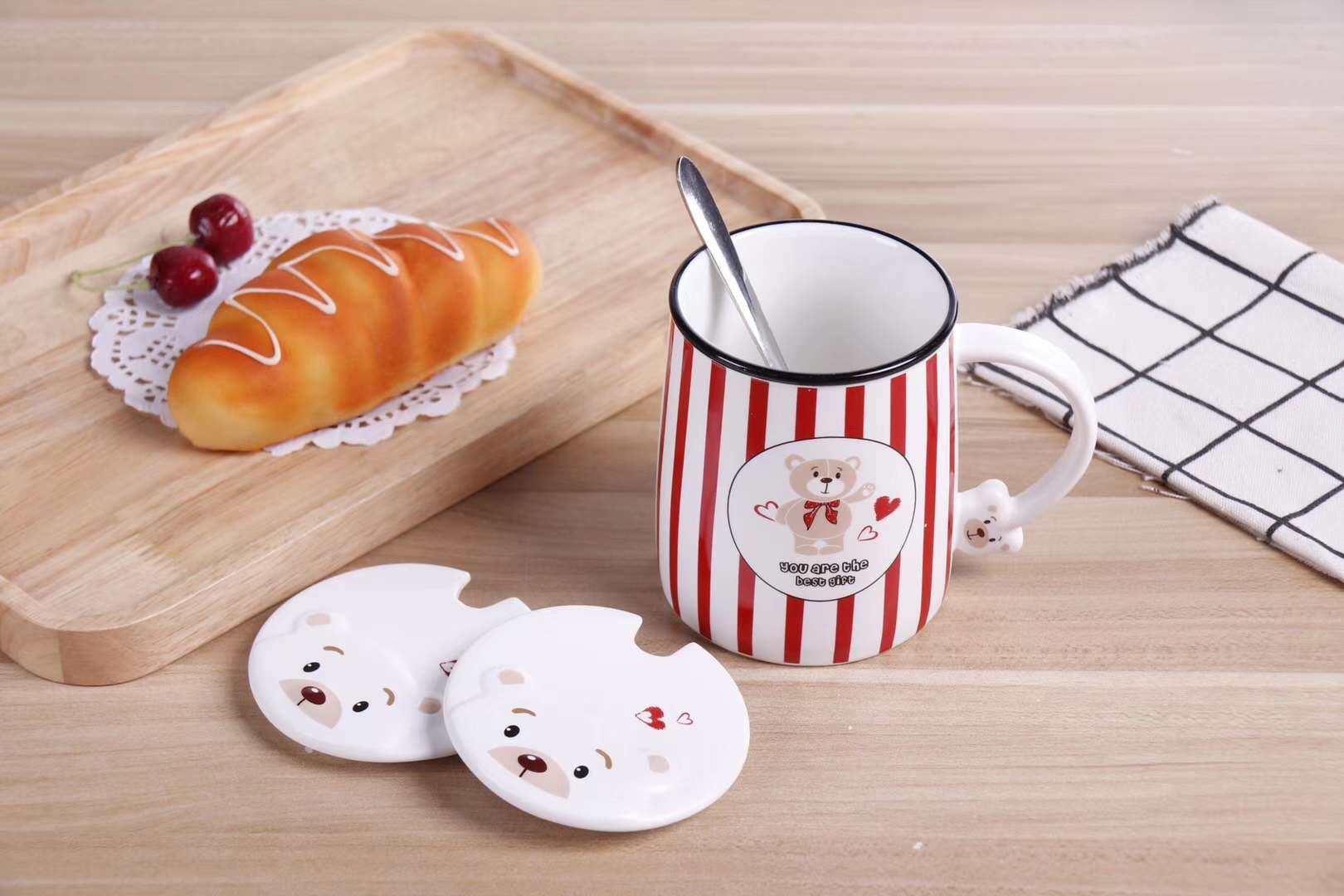 HY934 400ml Cute Bear Cartoon doll, Bear Ceramic Cup Matte Glazed Ceramic cup, Stainless steel spoon, Bear Ceramic Lid 8 undefined