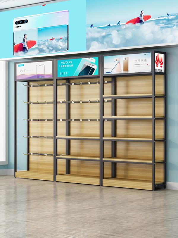 Iron Wood Layer Plate With Backplane Can Be Equipped With Hook Bottom Cabinet Light Box Steel And Wood Shelves 120*40*200*5 Layer Hook Shelves, Display Shelves, Convenience Store Shelves