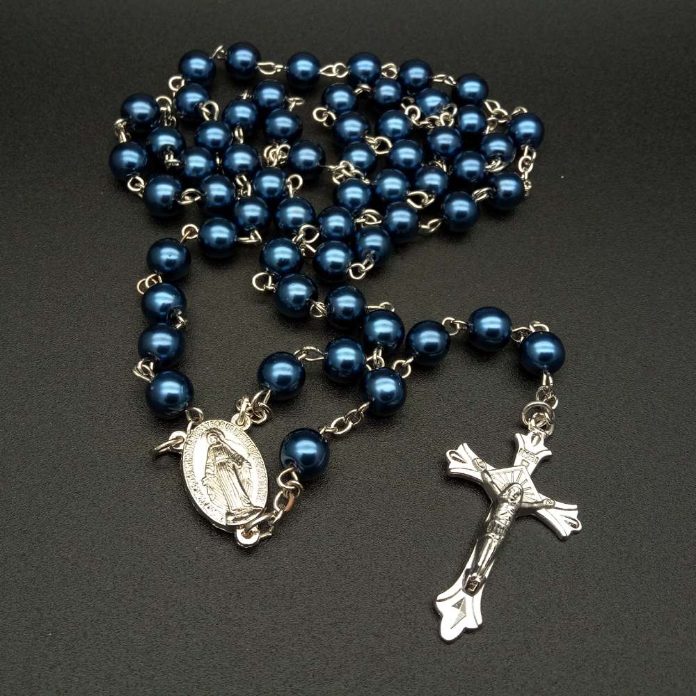 Crucifix pearl rosary necklace sapphire blue