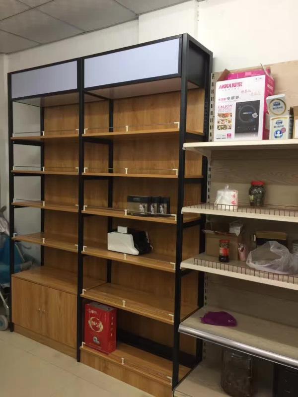 Iron Wood Layer Plate With Backplane Can Be Equipped With Hook Bottom Cabinet Light Box Steel And Wood Shelves 120*40*200*5 Layer Hook Shelves, Display Shelves, Convenience Store Shelves undefined
