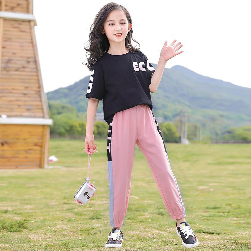 Girls' Summer short-sleeved suit 2020 New style Children's summer girls' casual and stylish two-piece set for Big kids