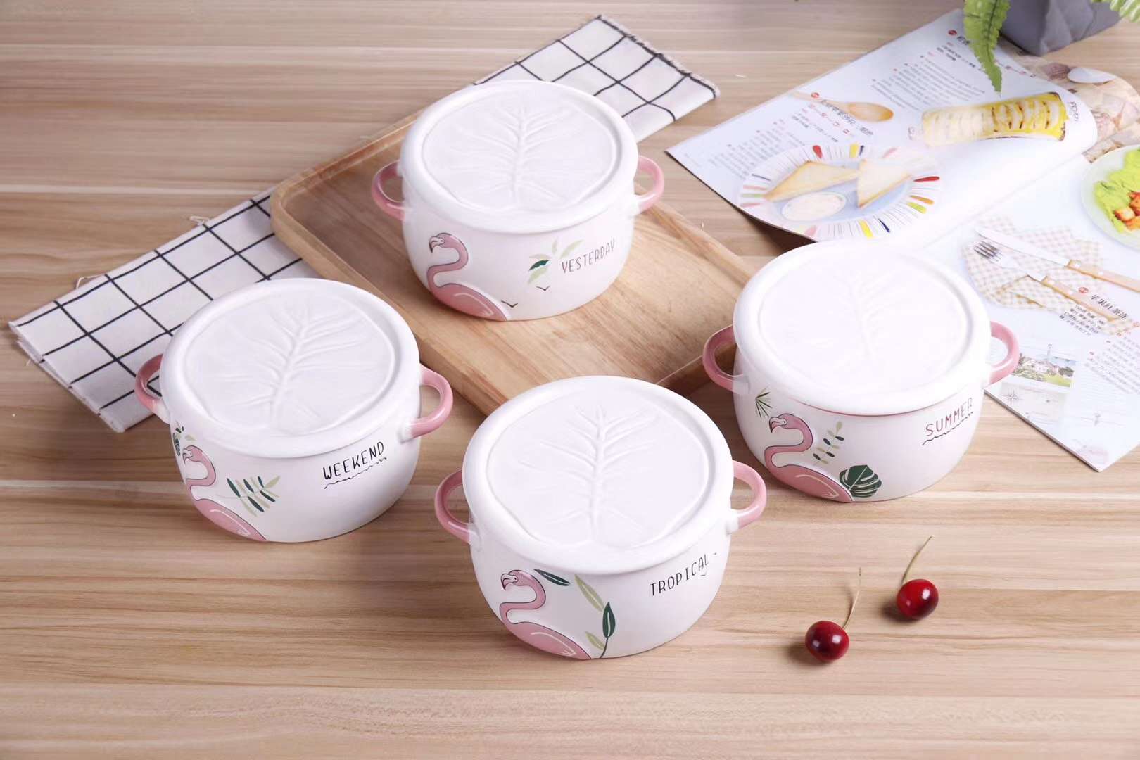 HY－908－1  卡通浮雕火烈鸟面碗  哑光色釉浮雕陶瓷碗  浮雕陶瓷盖