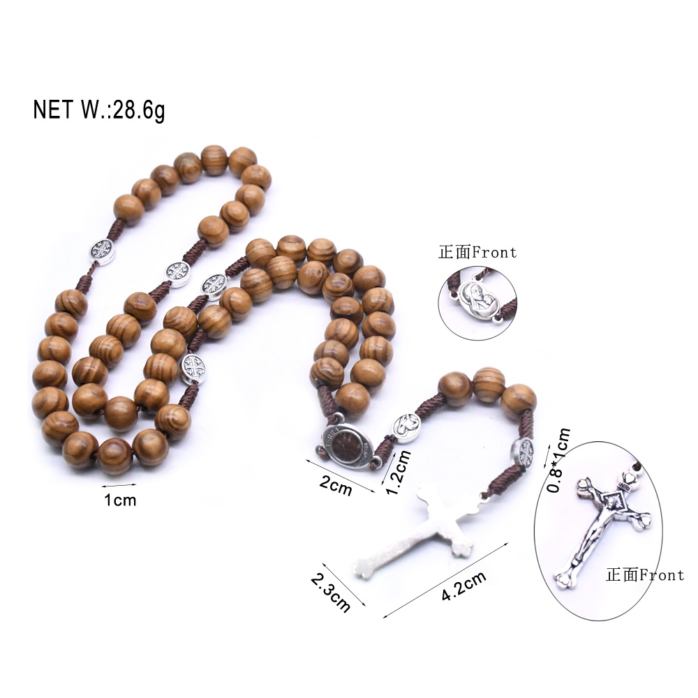 Alloy Lady of Jesus Cross Catholic hand-woven pine beads rosary necklace