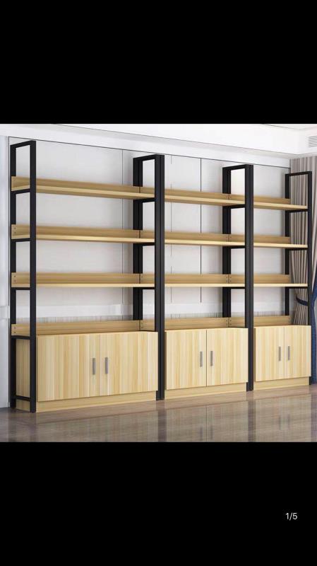 Iron Wood Layer Plate With Backplane Can Be Equipped With Hook Bottom Cabinet Light Box Steel And Wood Shelves 120*40*200*5 Layer Hook Shelves, Display Shelves, Convenience Store Shelves Item Picture