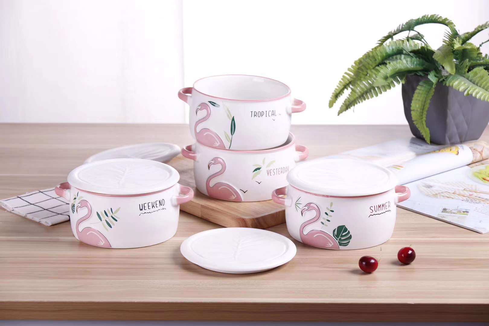 HY－908－1  卡通浮雕火烈鸟面碗  哑光色釉浮雕陶瓷碗  浮雕陶瓷盖细节图