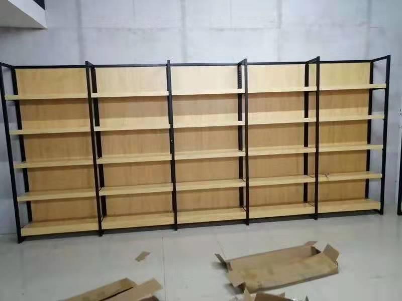 Iron Wood Layer Plate With Backplane Can Be Equipped With Hook Bottom Cabinet Light Box Steel And Wood Shelves 120*40*200*5 Layer Hook Shelves, Display Shelves, Convenience Store Shelves Application Scenario