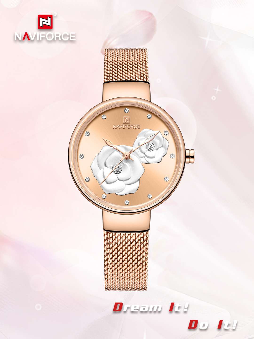 NAVIFORCE Lingxiang Stainless Steel Mesh strap three-dimensional rose dial Women's Waterproof Watch