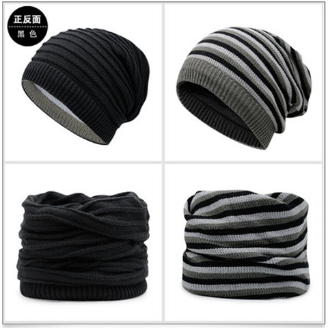 Korean autumn and winter fashion double-sided pullover knitted hats and scarves for warmth, striped couple woolen hats for men and women Application Scenario