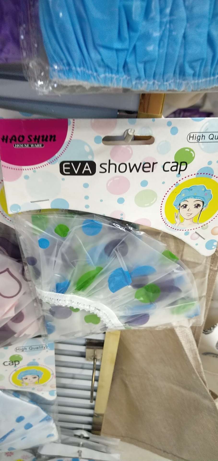 厂家直销 新款加厚防水浴帽印花洗澡头套EVA浴帽带花边订卡白底实物图