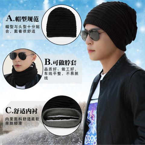 Korean autumn and winter fashion double-sided pullover knitted hats and scarves for warmth, striped couple woolen hats for men and women details Picture