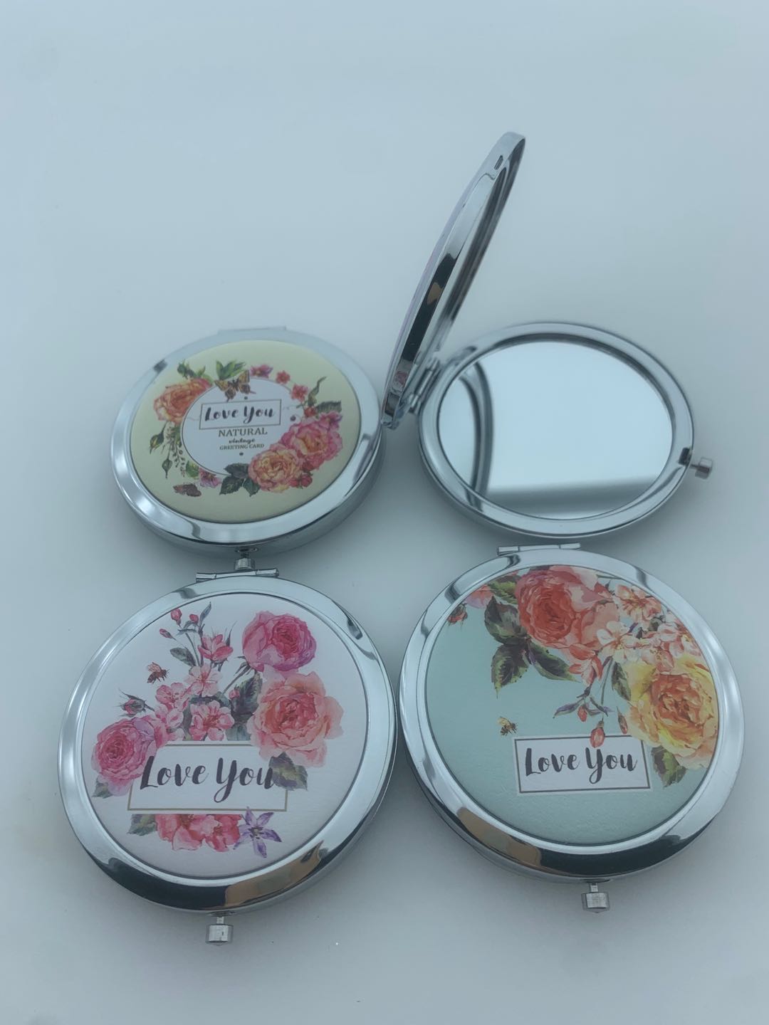 新款圆形铁框PU印花双面折叠便携化妆镜