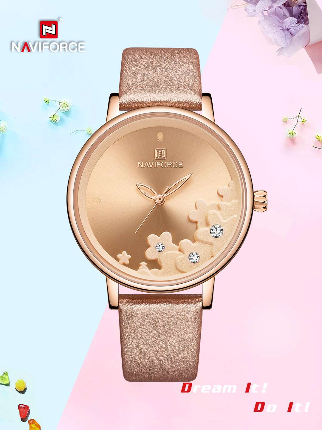 Lingxiang NAVI leather strap diamond dial women's waterproof Watch