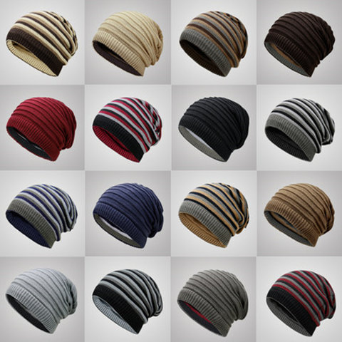 Korean autumn and winter fashion double-sided pullover knitted hats and scarves for warmth, striped couple woolen hats for men and women Specification image
