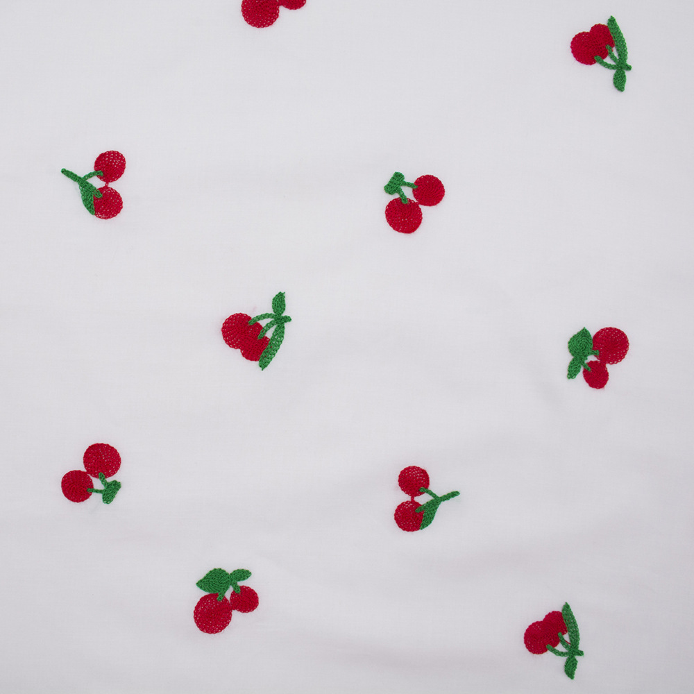 Spring and summer 100g all-cotton computerized embroidered fabric for women's and children's wear, shirts and skirts, two-color cherry embroidered fabric Specification image