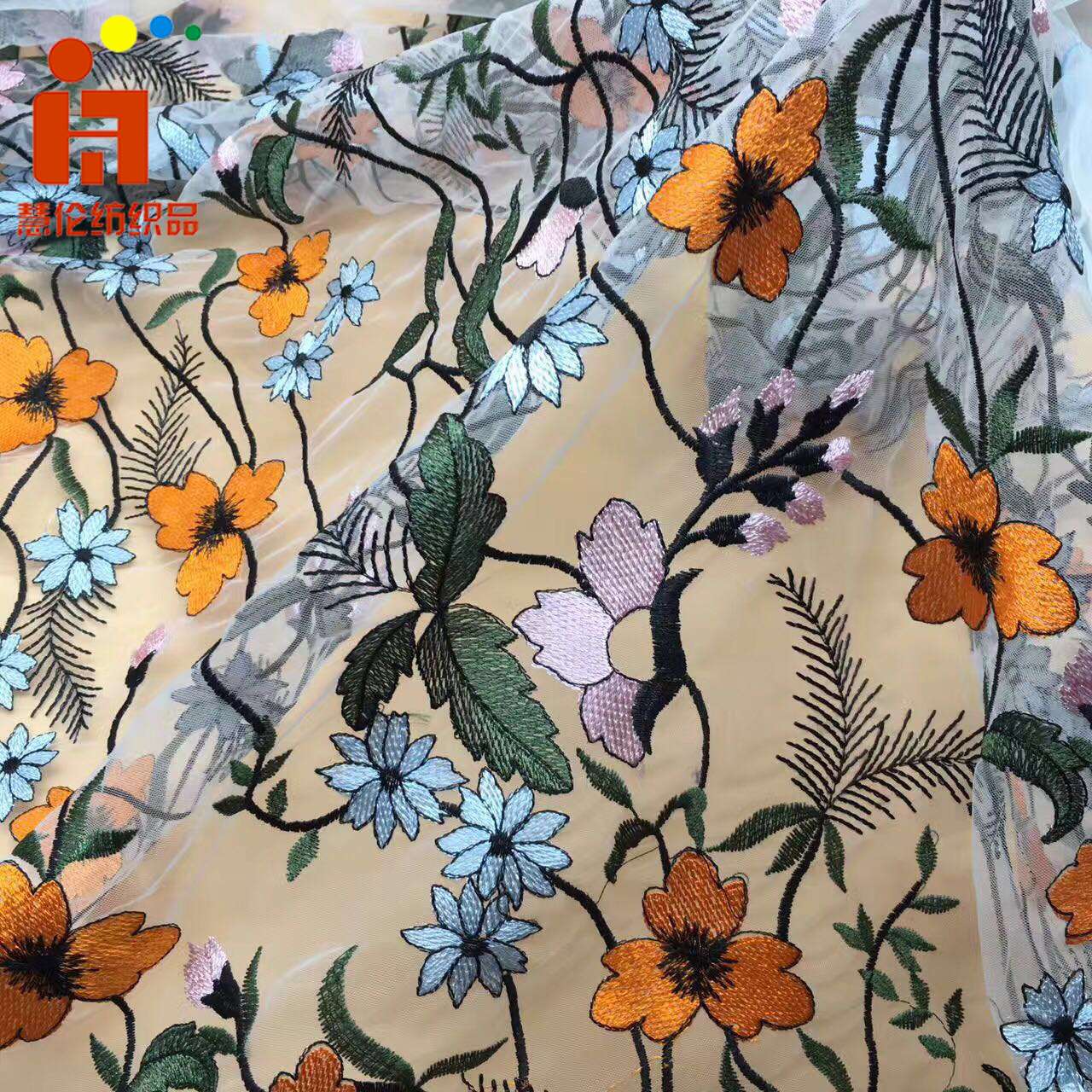 Wholesale of children's and women's dress fabrics with mesh lace close-knit multi-color water plant embroidery and embroidery Specification image
