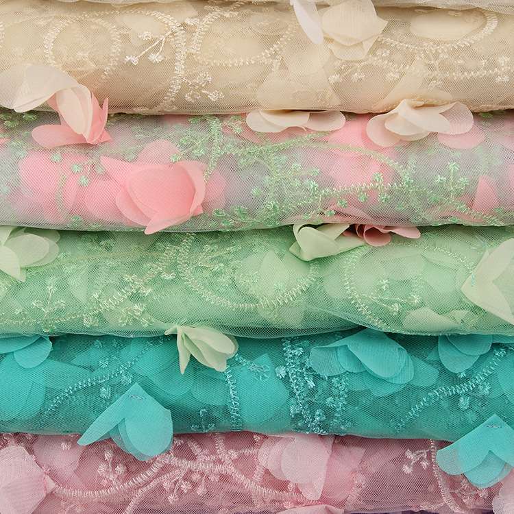 Multi-color mesh three-dimensional embroidered fabric, all-polyester embroidered fabric, lace fashion, wedding dress and evening dress clothing