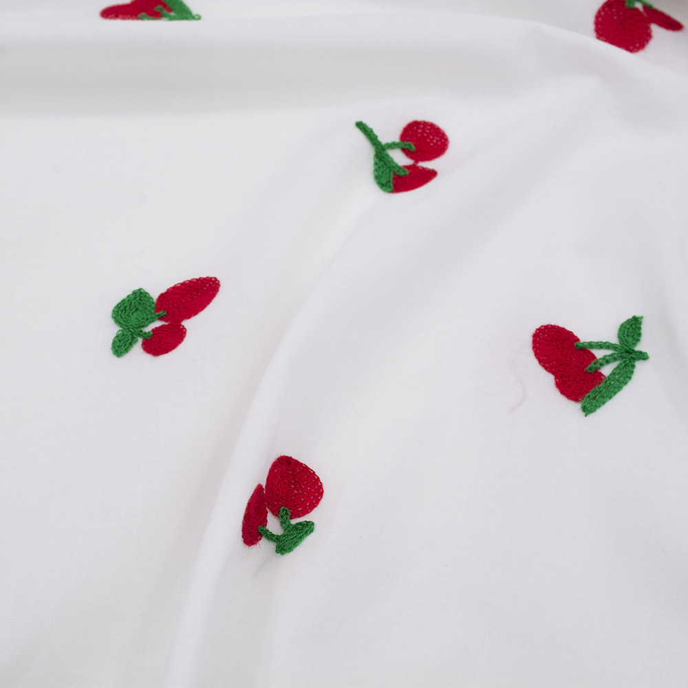 Spring and summer 100g all-cotton computerized embroidered fabric for women's and children's wear, shirts and skirts, two-color cherry embroidered fabric details Picture