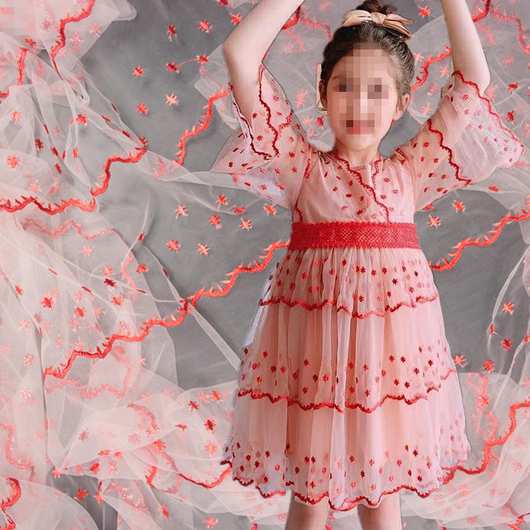 Nylon encrypted mesh embroidery fabric, wavy star dot embroidery fabric, light, soft and skin-friendly women's and children's clothing fabric details Picture