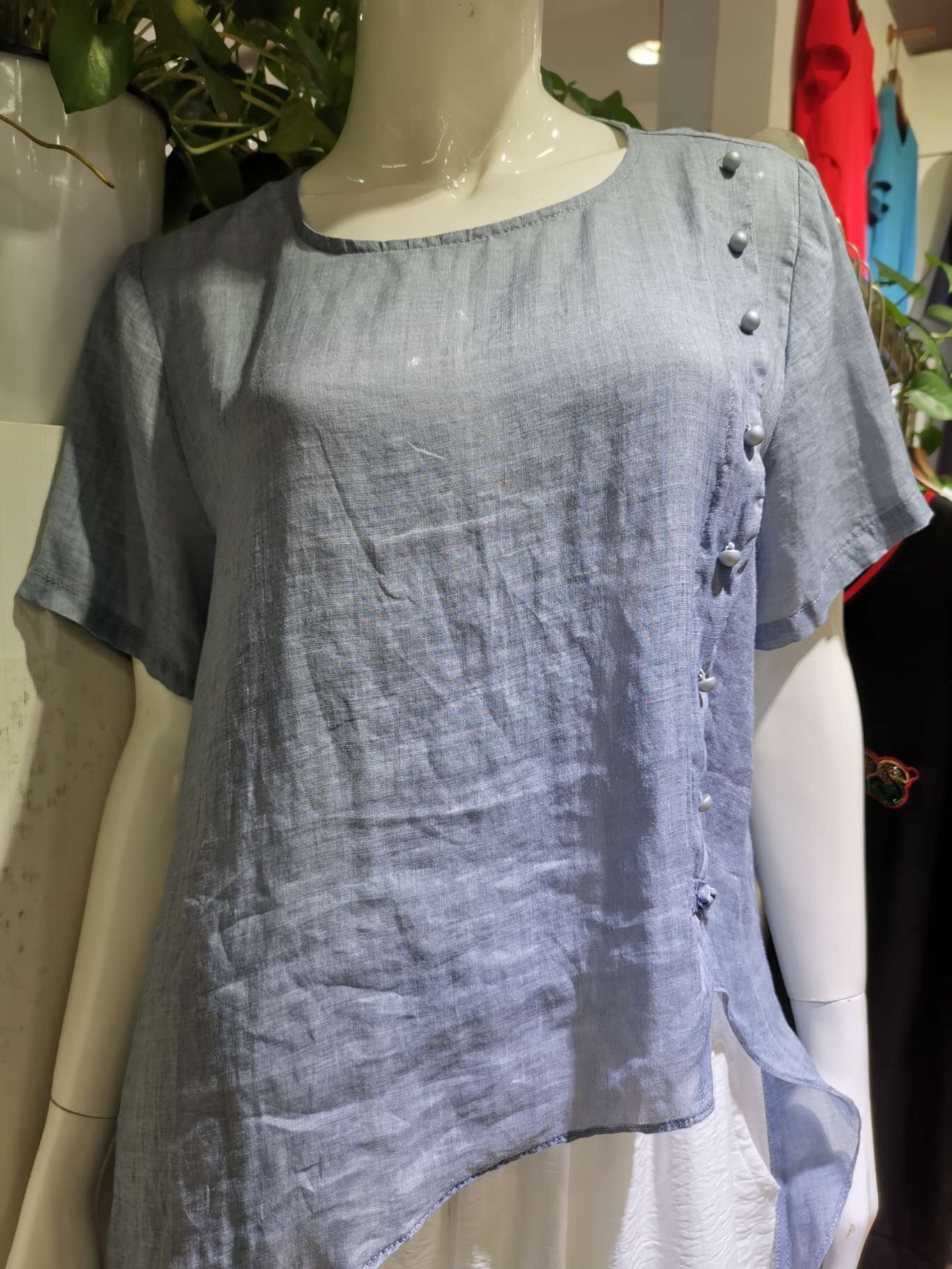 Light blue linen single-breasted casual women's top