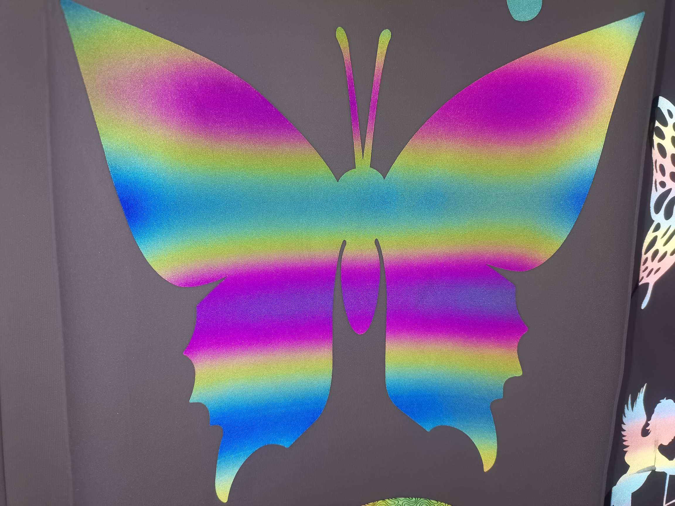 Butterfly Seven-color segment color Dazzling color PU engraving film, engraving film Hot stamping pattern PVC engraving film, TPU engraving film, scallion powder engraving film, reflective engraving film, segment color reflective film, Luminous engraving film Specification image