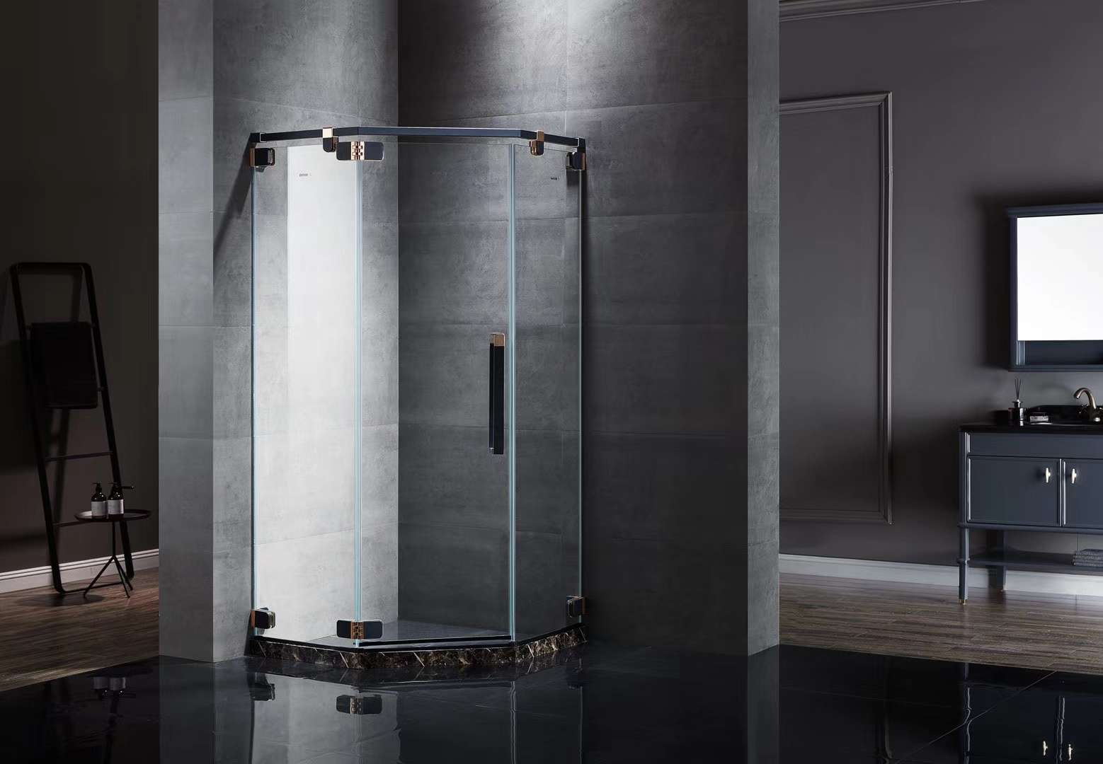 The Bette Super White Crystal Glass shower Enclosure 39 series features a black and gold integrated design that ensures safety and leaves no fingerprints