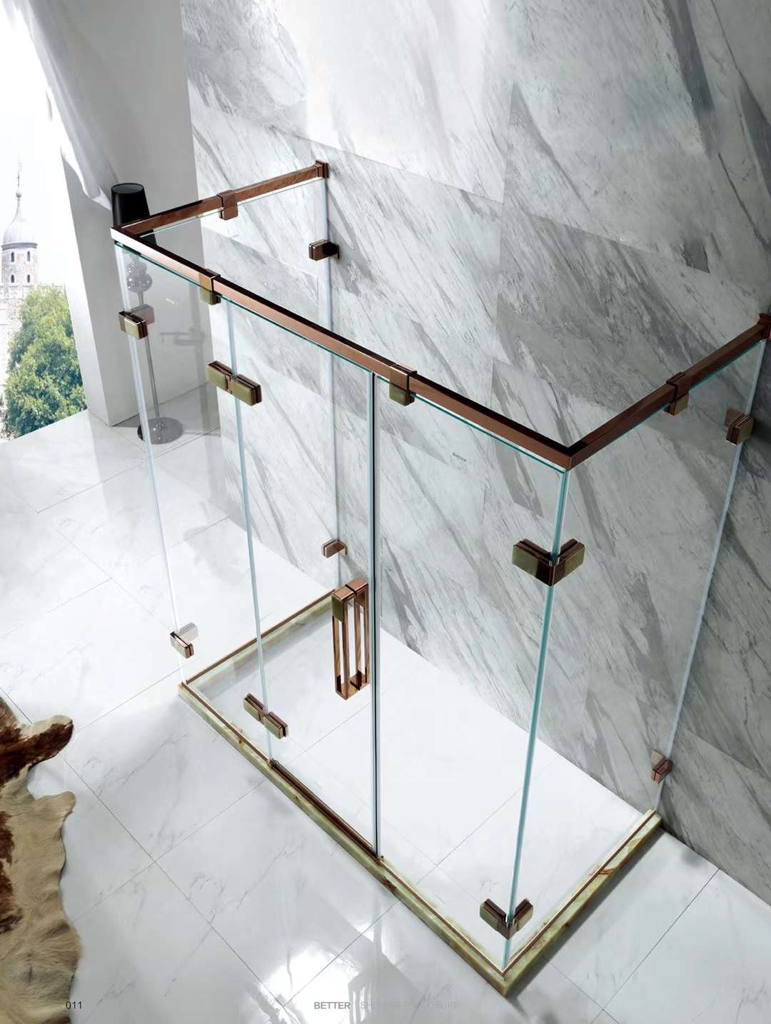 贝特超白水晶玻淋浴房35系列玫瑰金安全不留指纹一体化设计