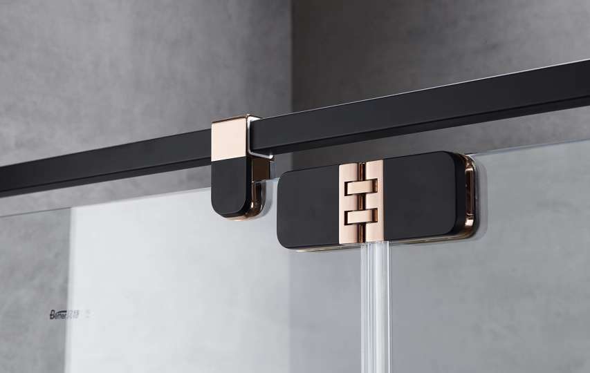 The Bette Super White Crystal Glass shower Enclosure 39 series features a black and gold integrated design that ensures safety and leaves no fingerprints Specification image