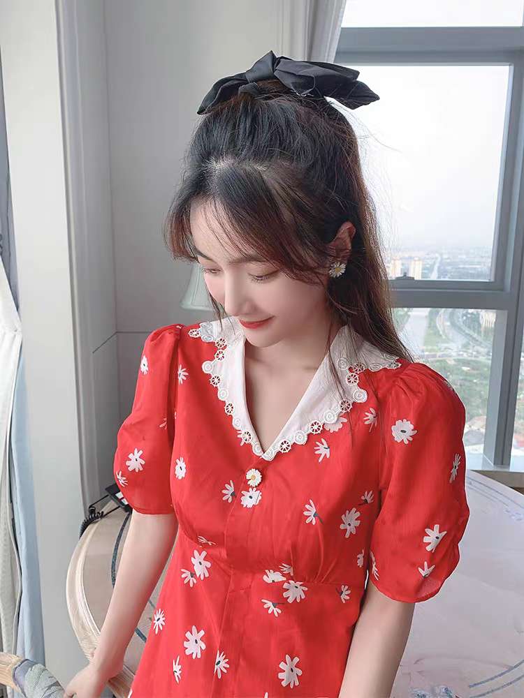 French V-neck floral dress, summer forest style, sweet orange chiffon dress, fairy-like, super fairy-like forest style details Picture