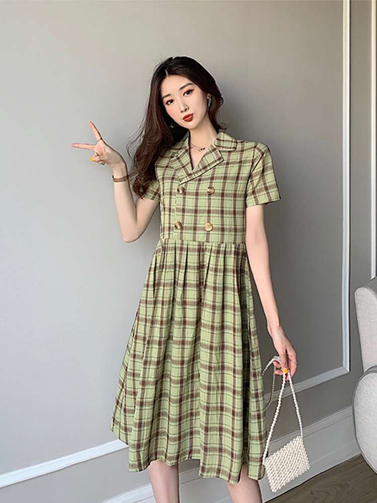 复古格子V领双排扣西装连衣裙轻熟风女神范气质裙子细节图