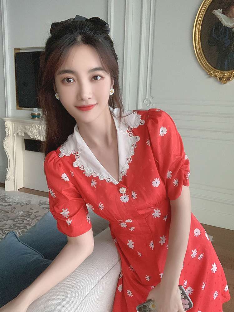 French V-neck floral dress, summer forest style, sweet orange chiffon dress, fairy-like, super fairy-like forest style Specification image