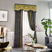 法式轻奢系列窗帘高端高精密提花深蓝色&黄奶油色带幔窗帘4m内