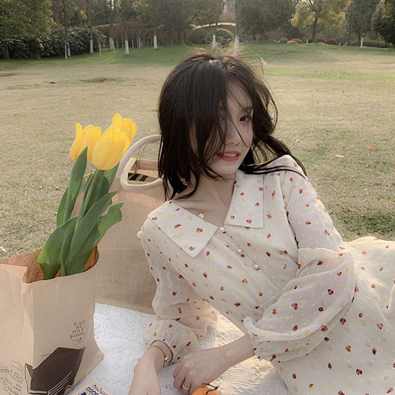 碎花赫本风可盐可甜长裙显瘦显高气质雪纺长袖连衣裙子女夏