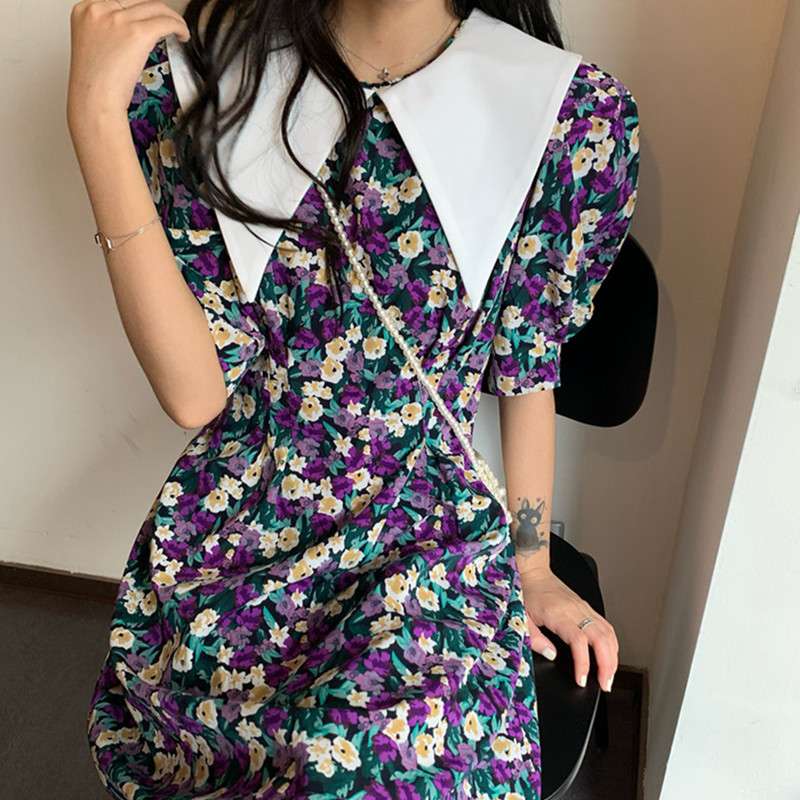 泡泡袖甜美显瘦洋气法式复古浪漫撞色翻领碎花连衣裙产品图