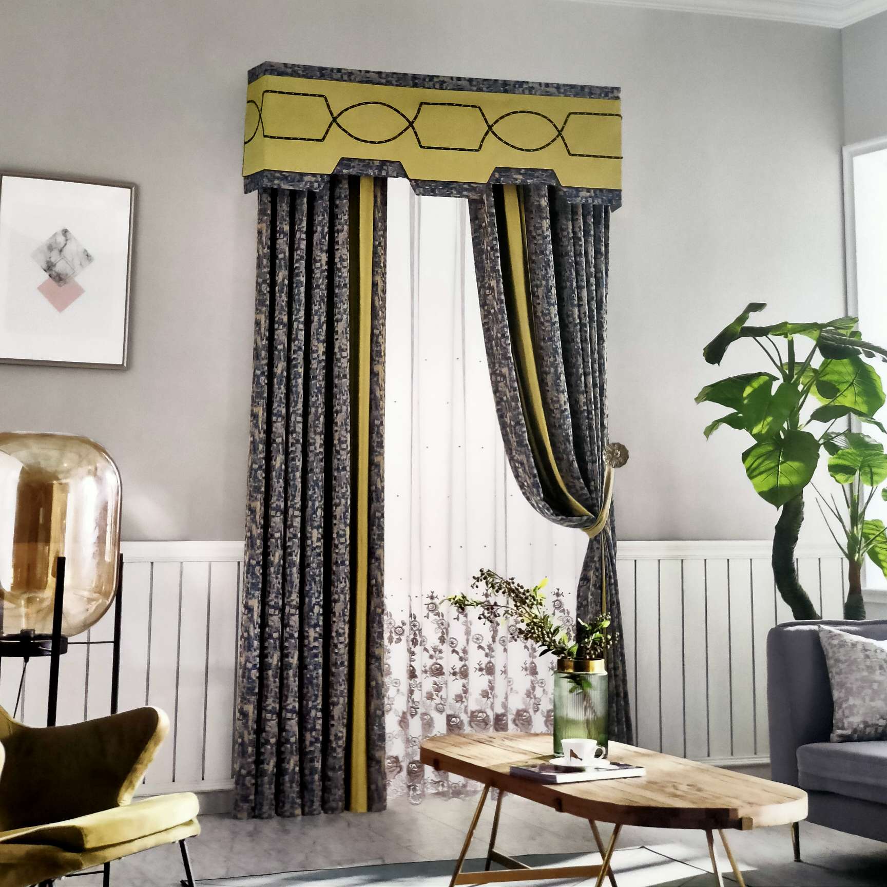 法式轻奢系列窗帘高端高精密提花深蓝色&黄奶油色带幔窗帘4m内产品图