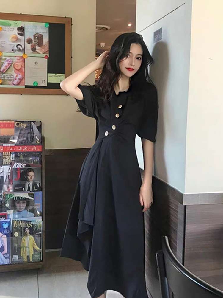 夏季法式复古ins气质桔梗裙超仙收腰很仙连衣裙过膝女