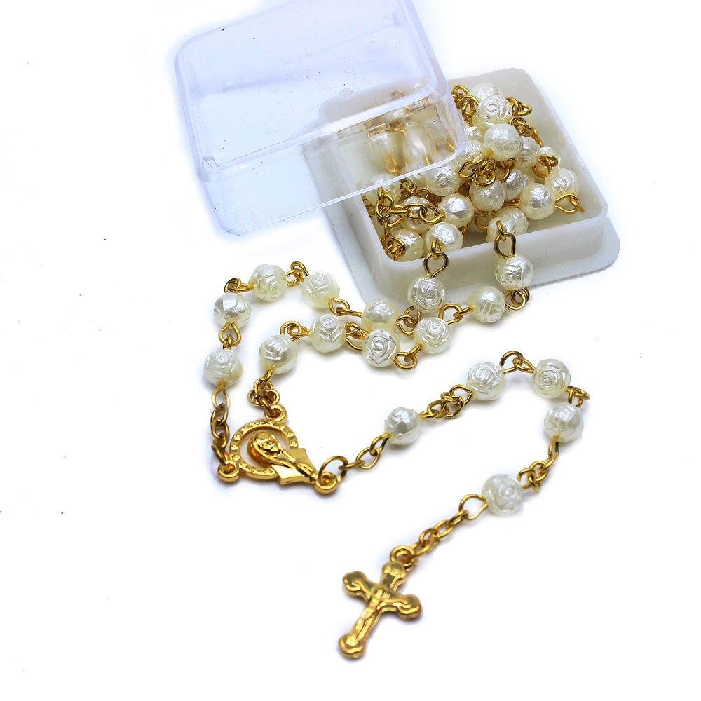 (box) Gold rose rosary beads necklace Rose beads cross religious Christian Catholic ornaments