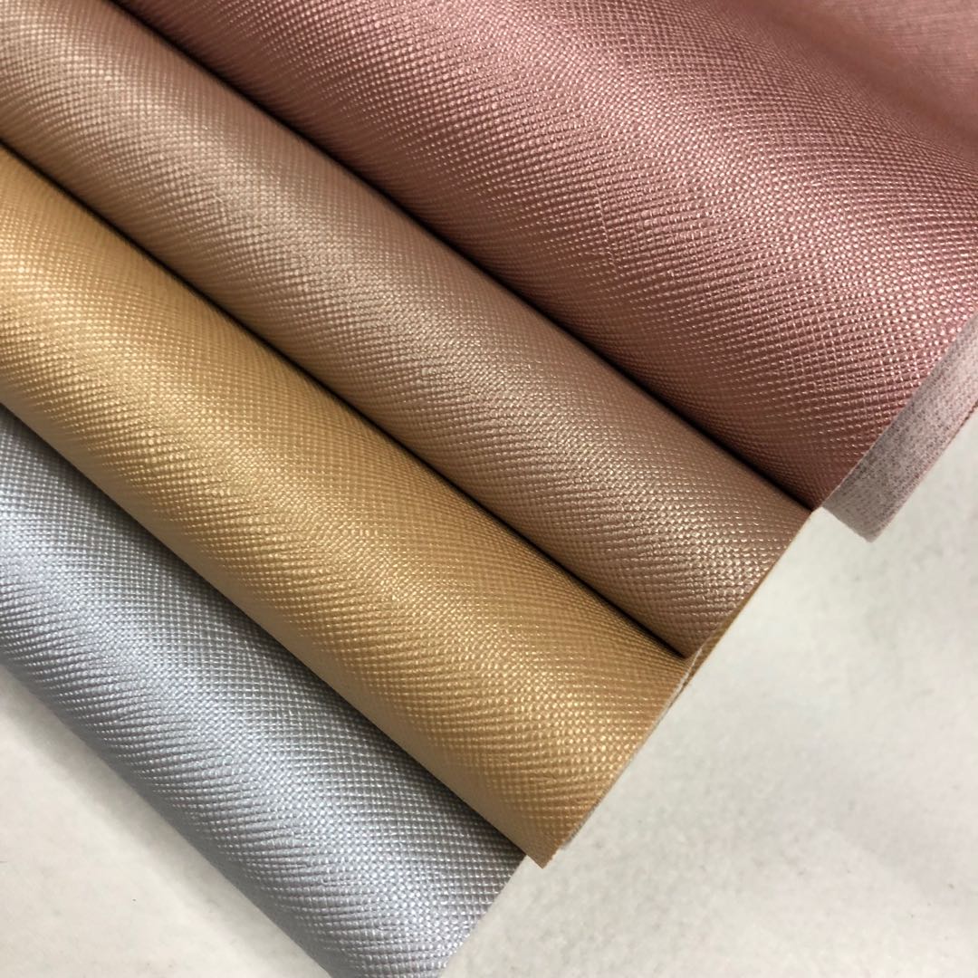 Classic small cross pattern leather fabric for luggage, pearlescent fine texture packaging box leather, pvc stationery leather details Picture