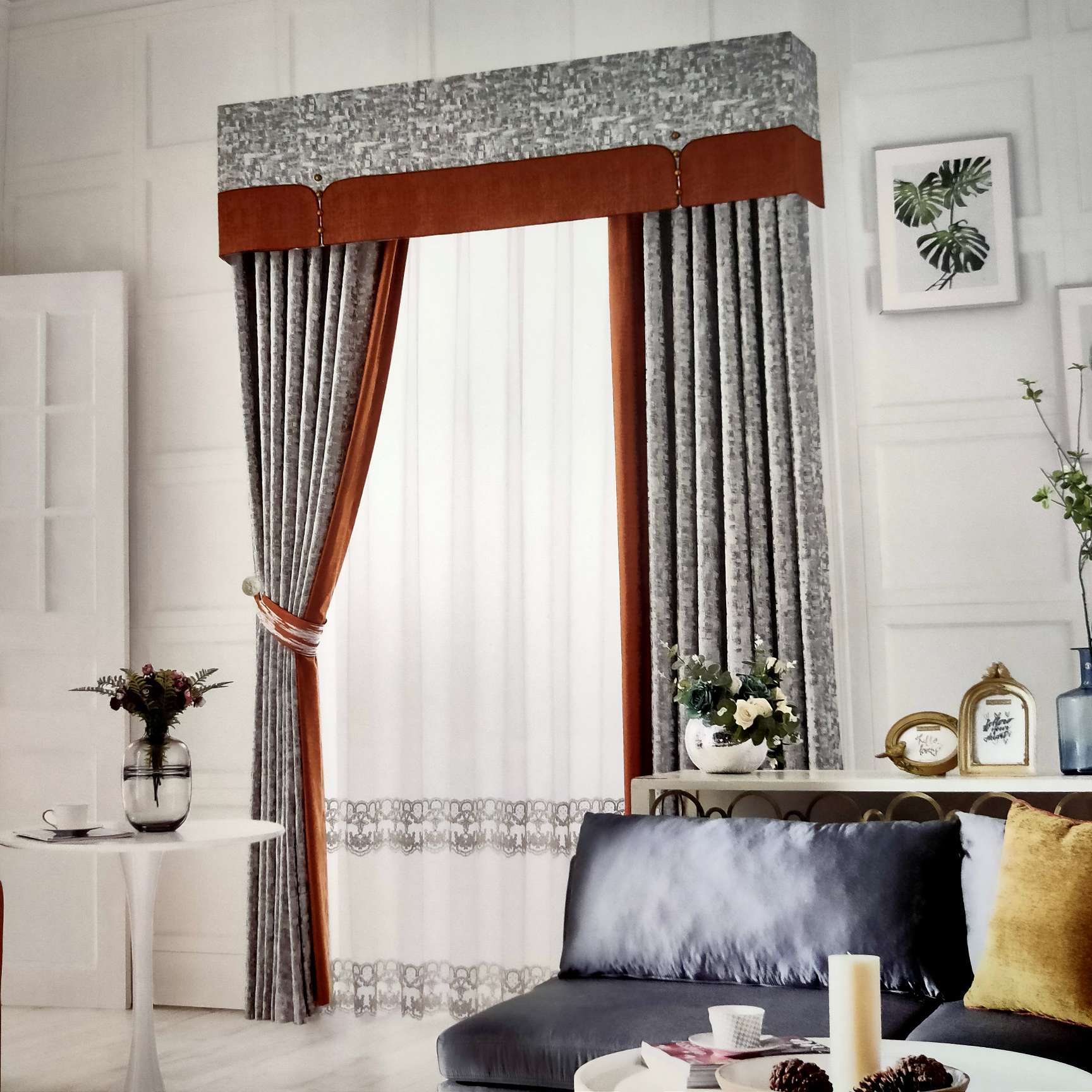 French Light Luxury series curtain high-end high precision jacquard silver grey & Hermes Orange without curtains within 4m thumbnail