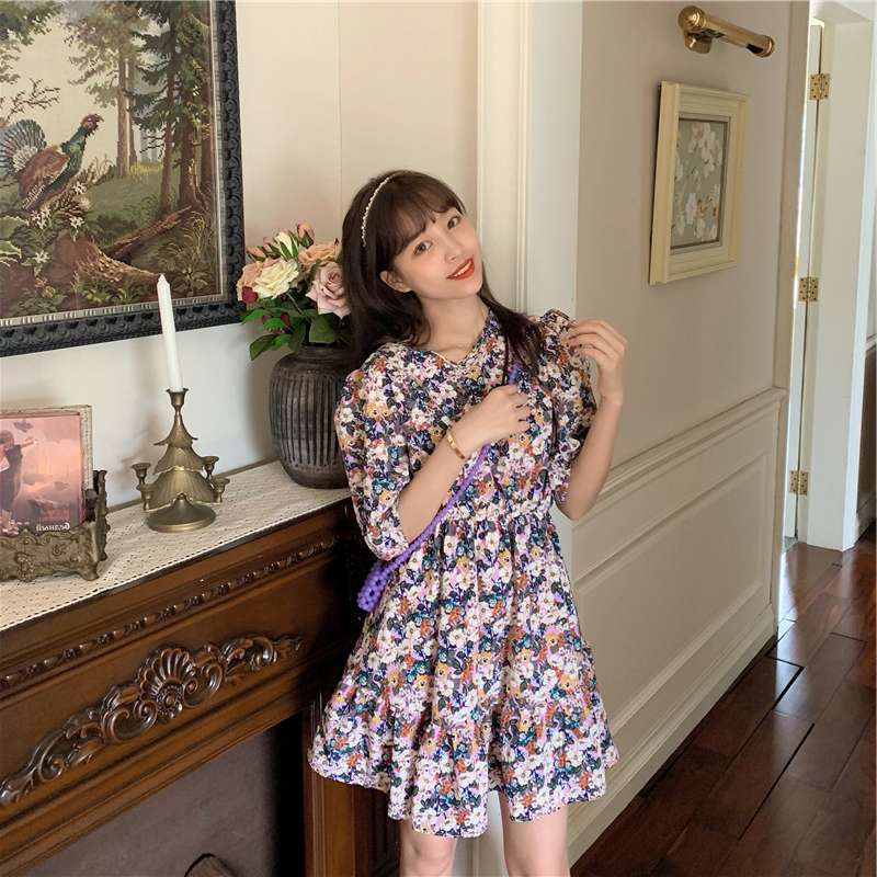 复古法式轻熟温柔风平时可穿礼服碎花连衣裙子女夏季产品图