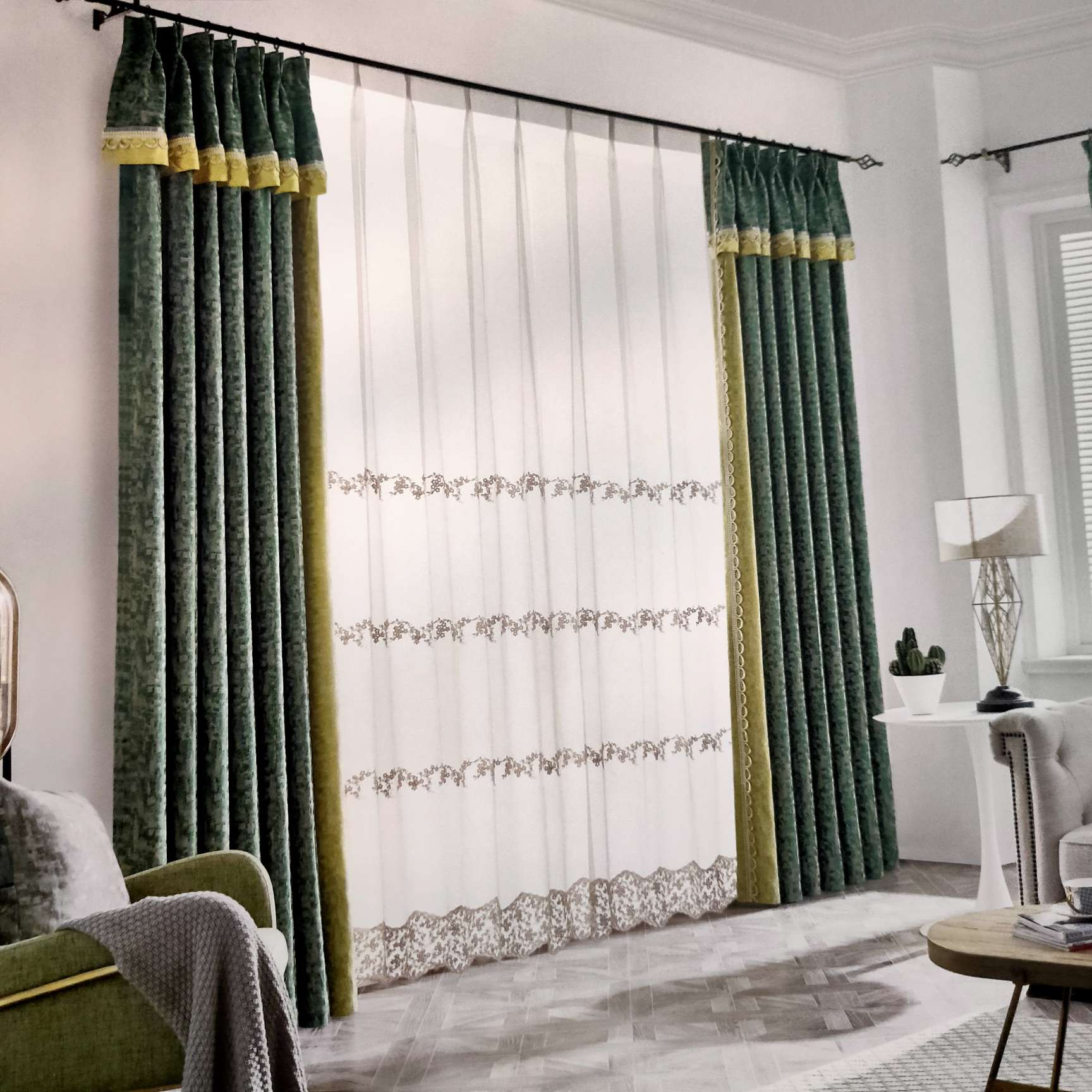 French Light Luxury series curtain high-end high precision jacquard mimosas yellow & dark green without curtains within 4m thumbnail