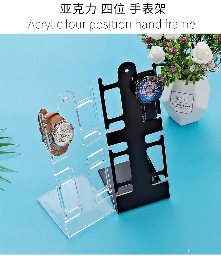 Transparent L-shaped four-digit watch with black plastic watch holder and 4-digit L-shaped watch holder