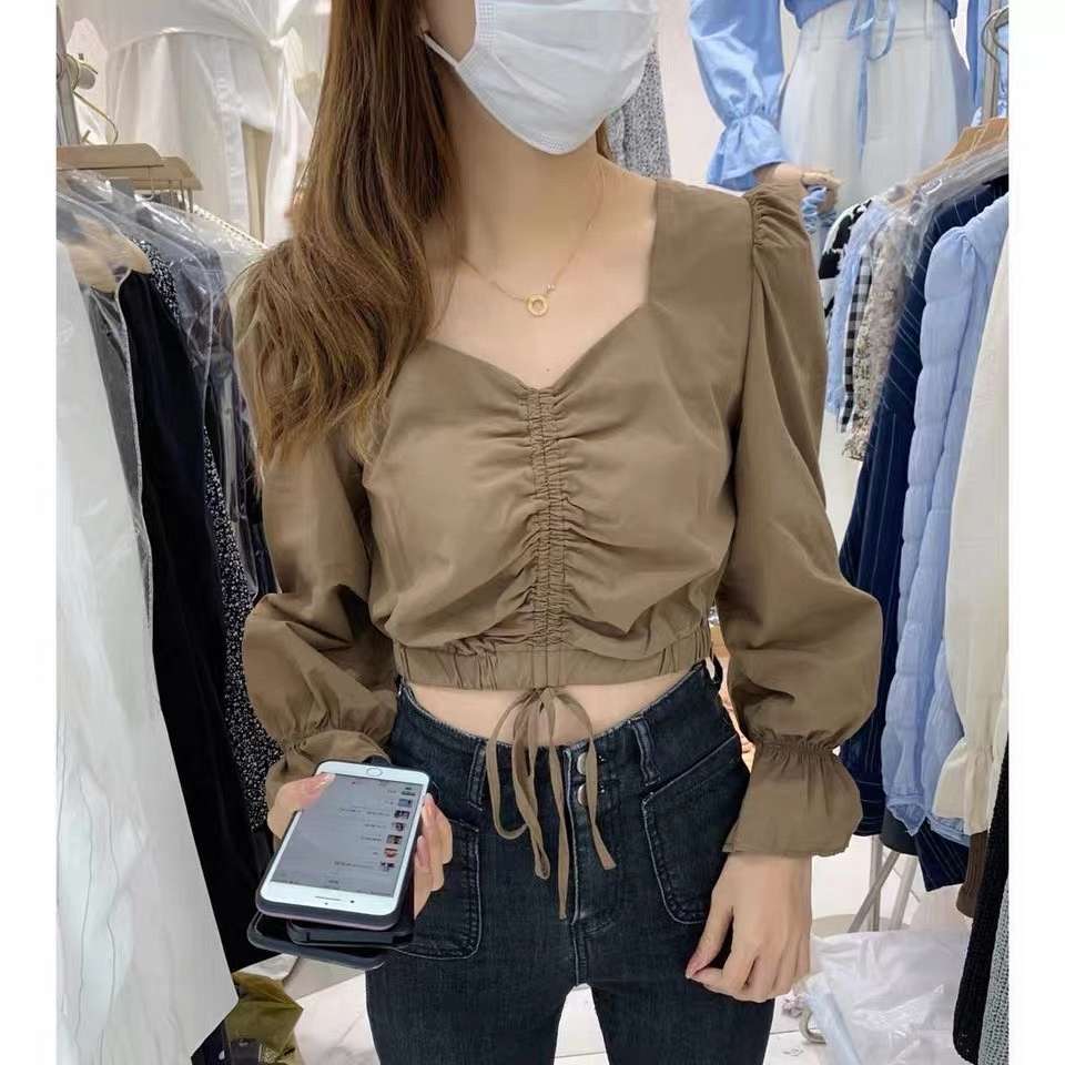 2020夏季新款韩版抽绳方领薄款短袖衬衫女设计感上衣
