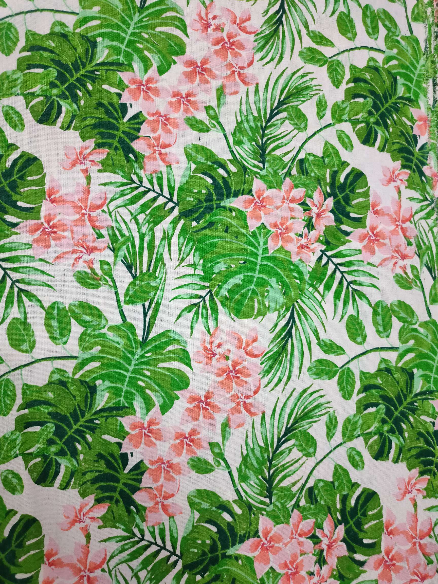 Cotton and linen printed green leaves and red flowers