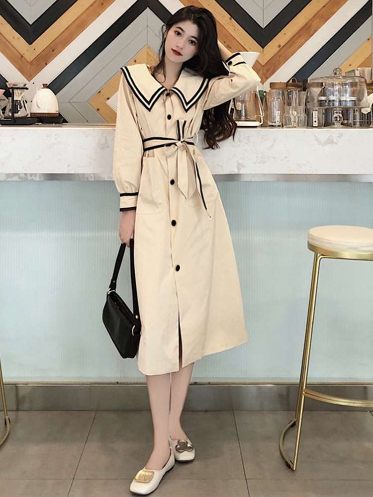 Sexy early autumn Hyuna style navy collar tie long-sleeved dress, ins super fairy forest-style knee-length long dress Specification image
