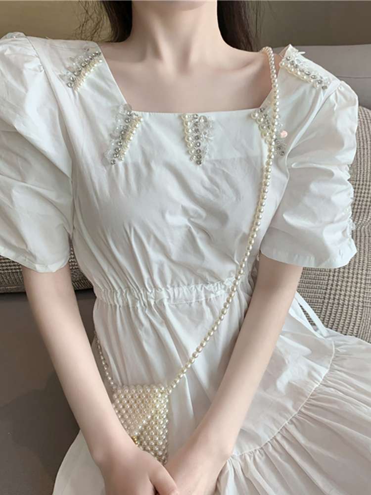 PR Heavy Industry beaded sexy dress for Women 2020 New style French waist-cinching slimming drawstring white sweet first love dress